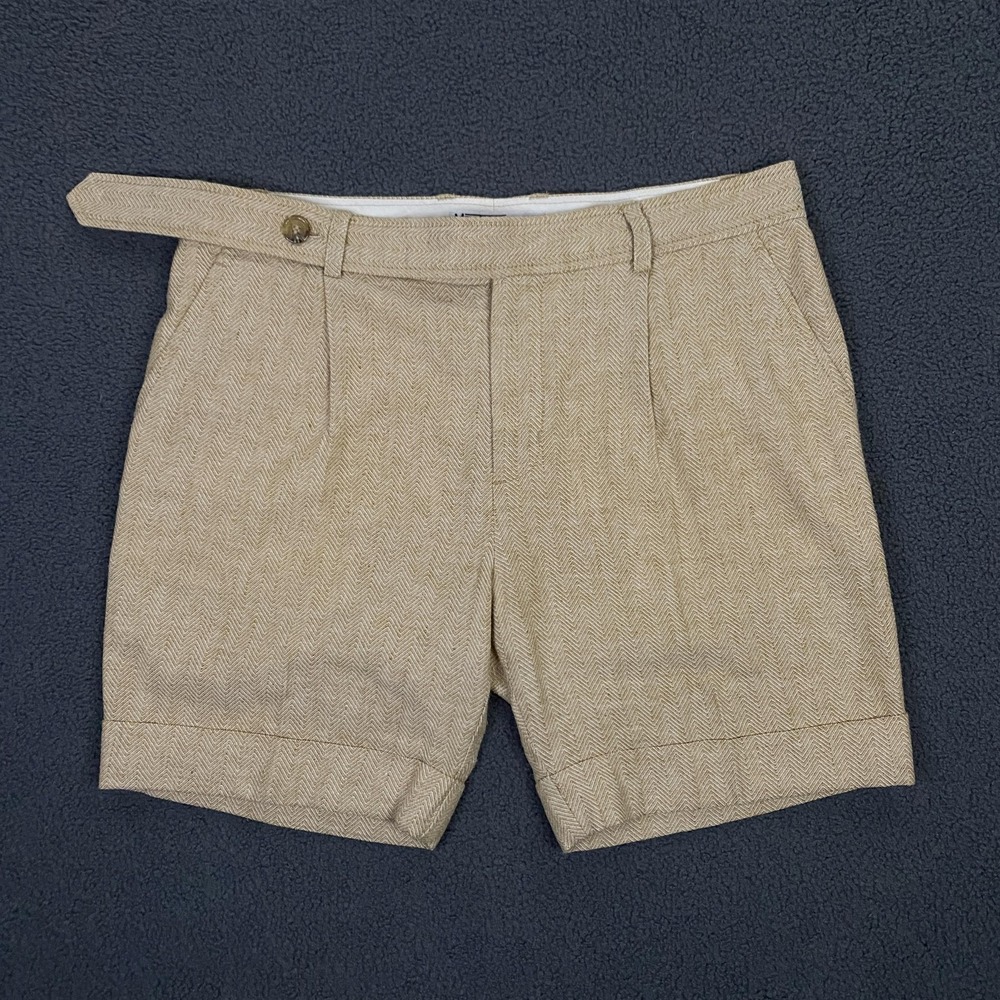 Mr Turk Shorts FITS Mens 36 Herringbone Cotton Linen Chino Pleated Cuffed Resort
